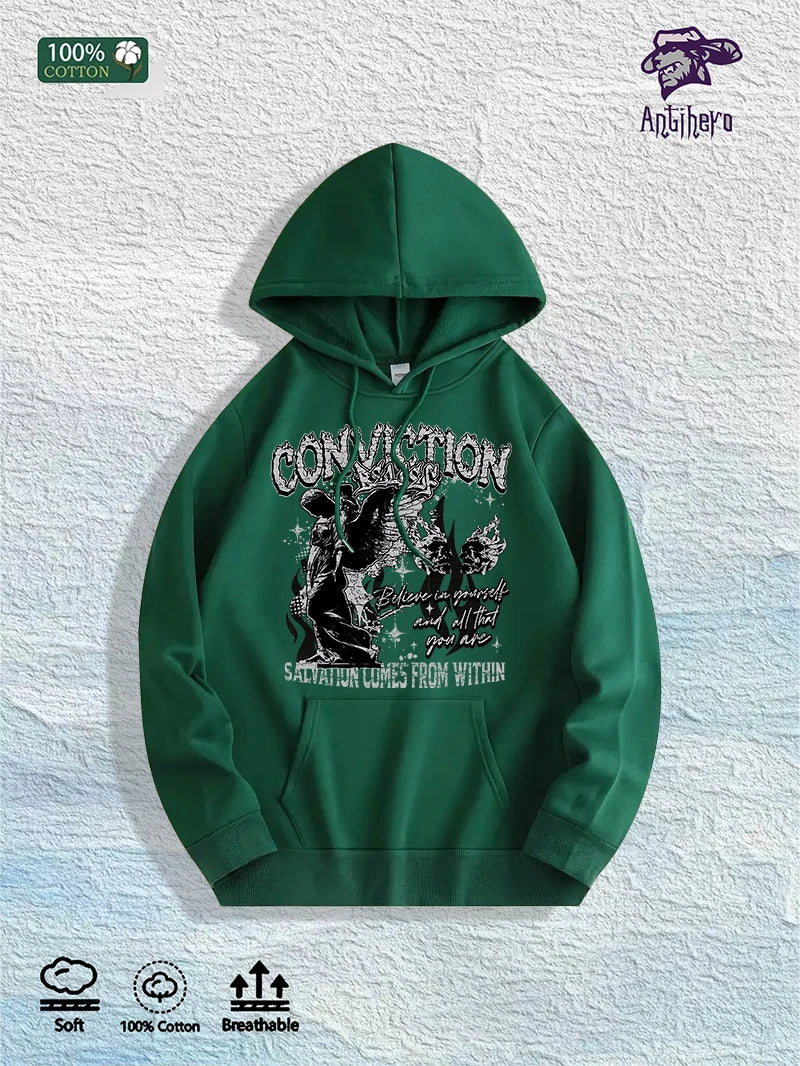 US Local Warehouse: 100% Cotton "CONVICTION" Inspirational Graphic Hoodie, 7 Colors