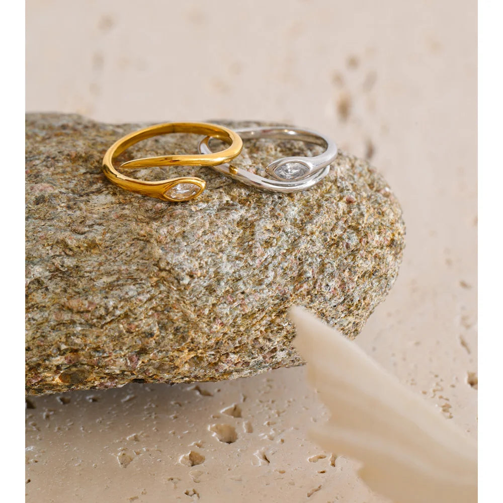 Yhpup New Stainless Steel Zirconia Snake Adjustable Ring Gold & Platinum Plated Minimalist Chic Fashion Jewelry Hypoallergenic