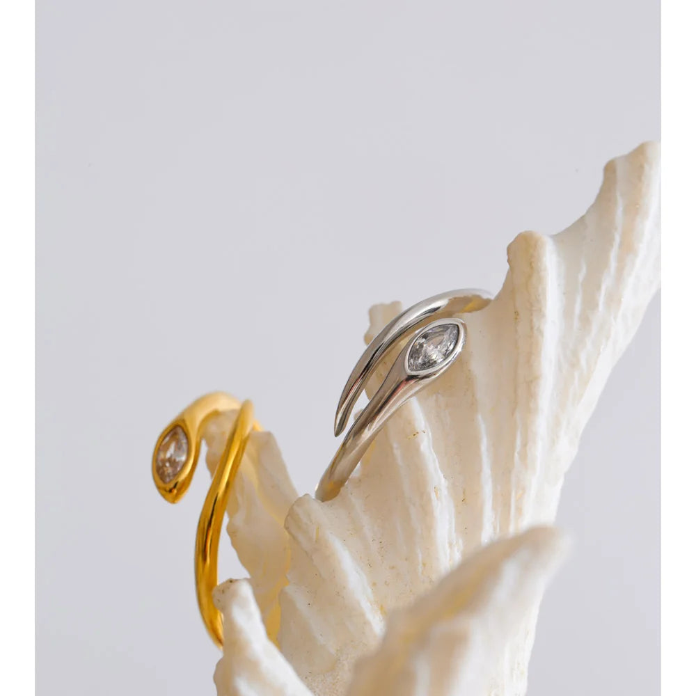 Yhpup New Stainless Steel Zirconia Snake Adjustable Ring Gold & Platinum Plated Minimalist Chic Fashion Jewelry Hypoallergenic