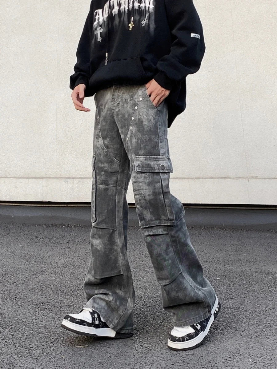 RORORIRI Men Rivets Denim Cargo Pants Women Camo Multi Pocket Retro American Low Wide Flare Jeans Vintage High Street Clothes