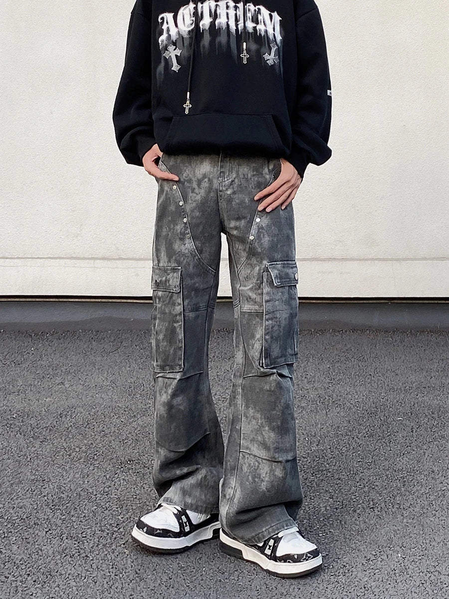 RORORIRI Men Rivets Denim Cargo Pants Women Camo Multi Pocket Retro American Low Wide Flare Jeans Vintage High Street Clothes