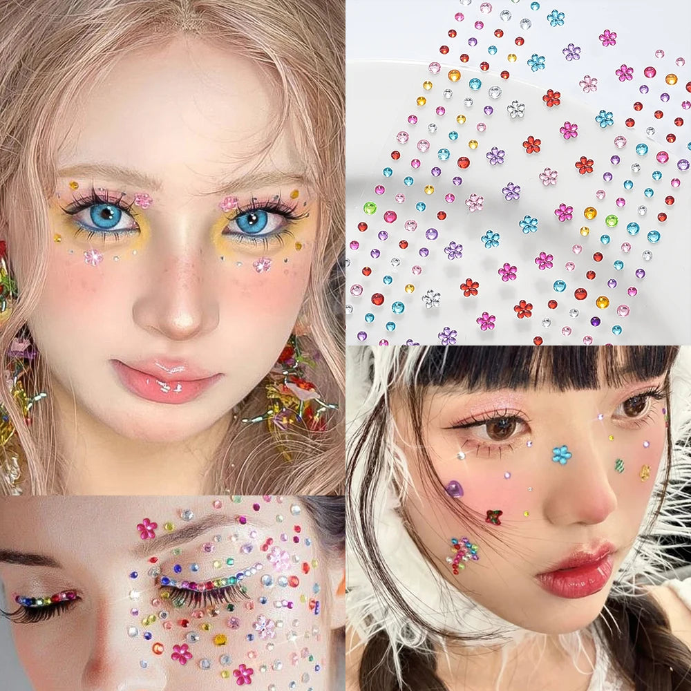 1pc 3D Colorful Star/Flower Face Diamond Sticker Bling Rhinestone Self-Adhesive Fake Tattoo for Party Stage Makeup Gems Stickers