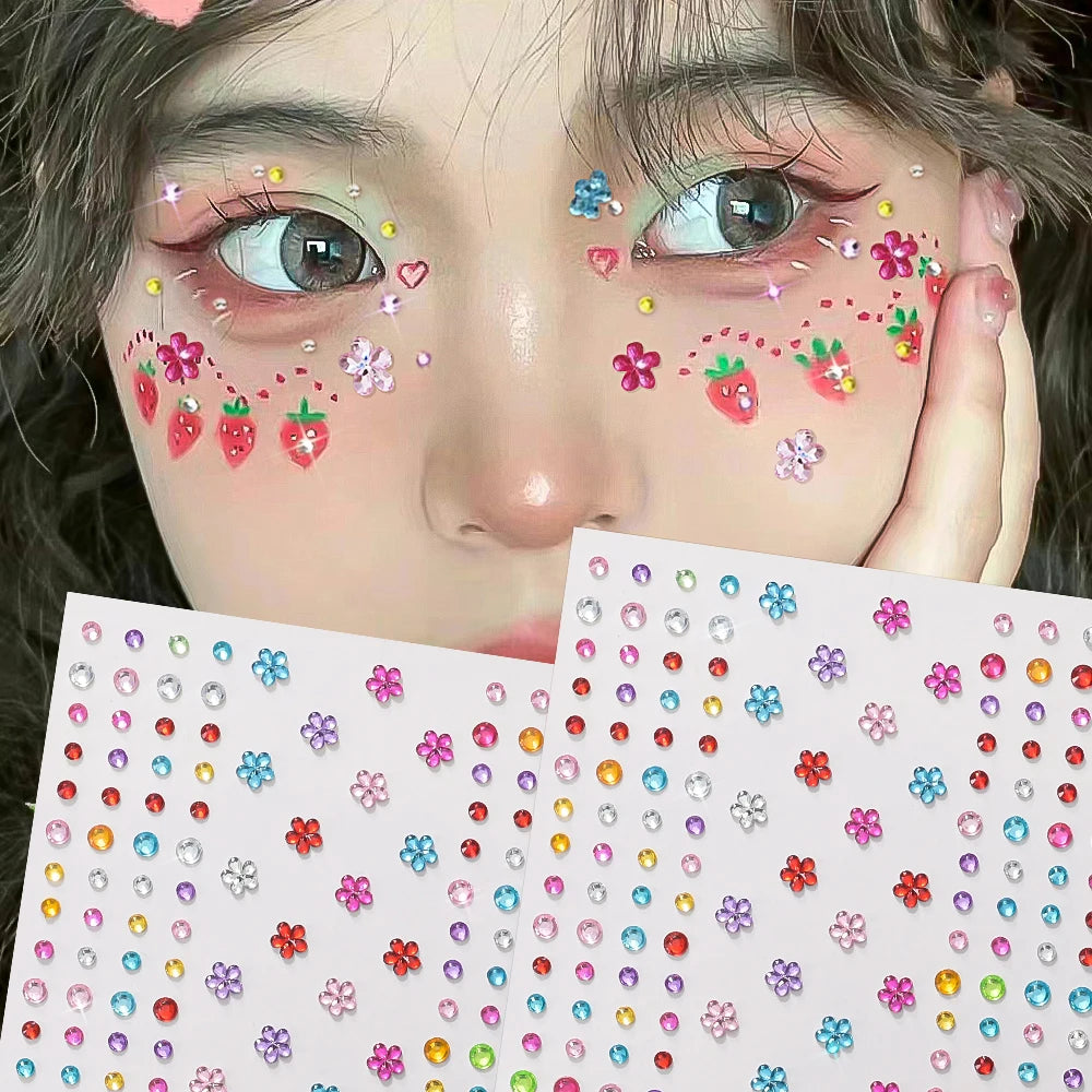 1pc 3D Colorful Star/Flower Face Diamond Sticker Bling Rhinestone Self-Adhesive Fake Tattoo for Party Stage Makeup Gems Stickers