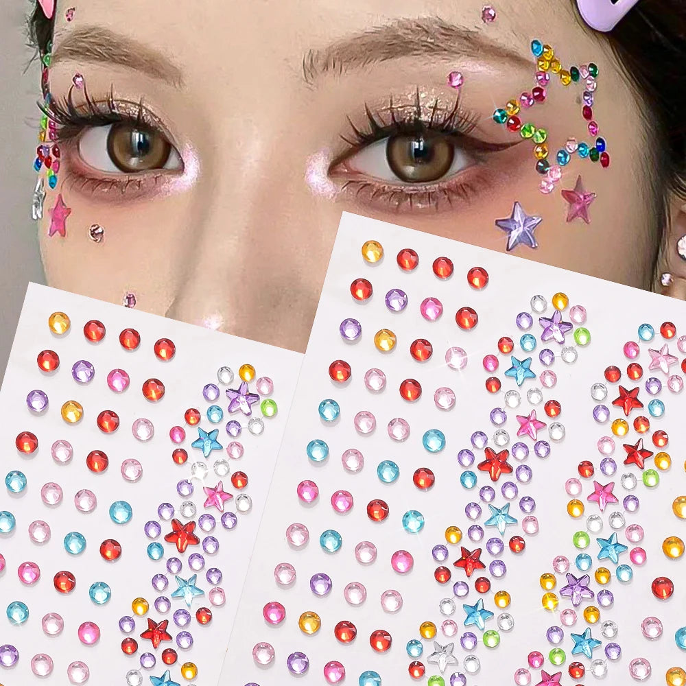 1pc 3D Colorful Star/Flower Face Diamond Sticker Bling Rhinestone Self-Adhesive Fake Tattoo for Party Stage Makeup Gems Stickers