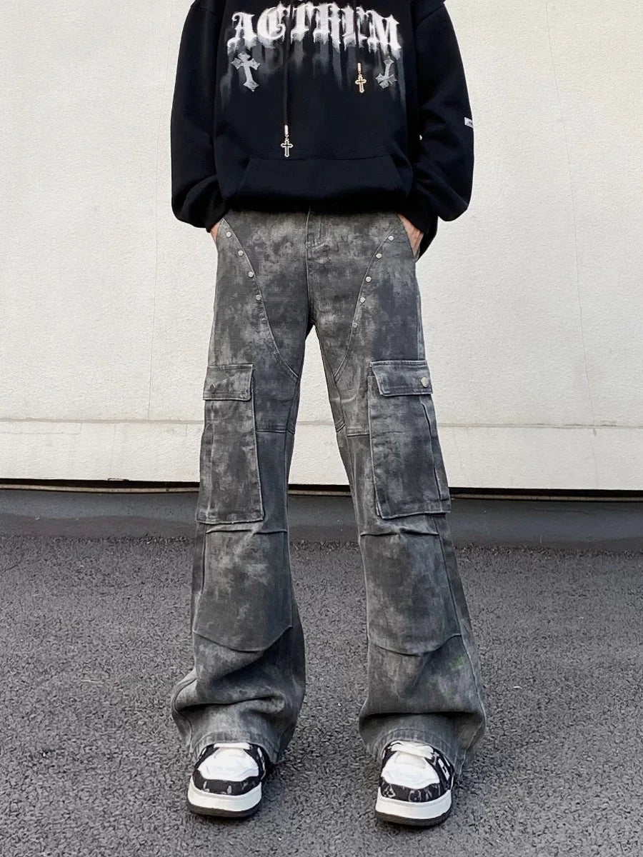 RORORIRI Men Rivets Denim Cargo Pants Women Camo Multi Pocket Retro American Low Wide Flare Jeans Vintage High Street Clothes