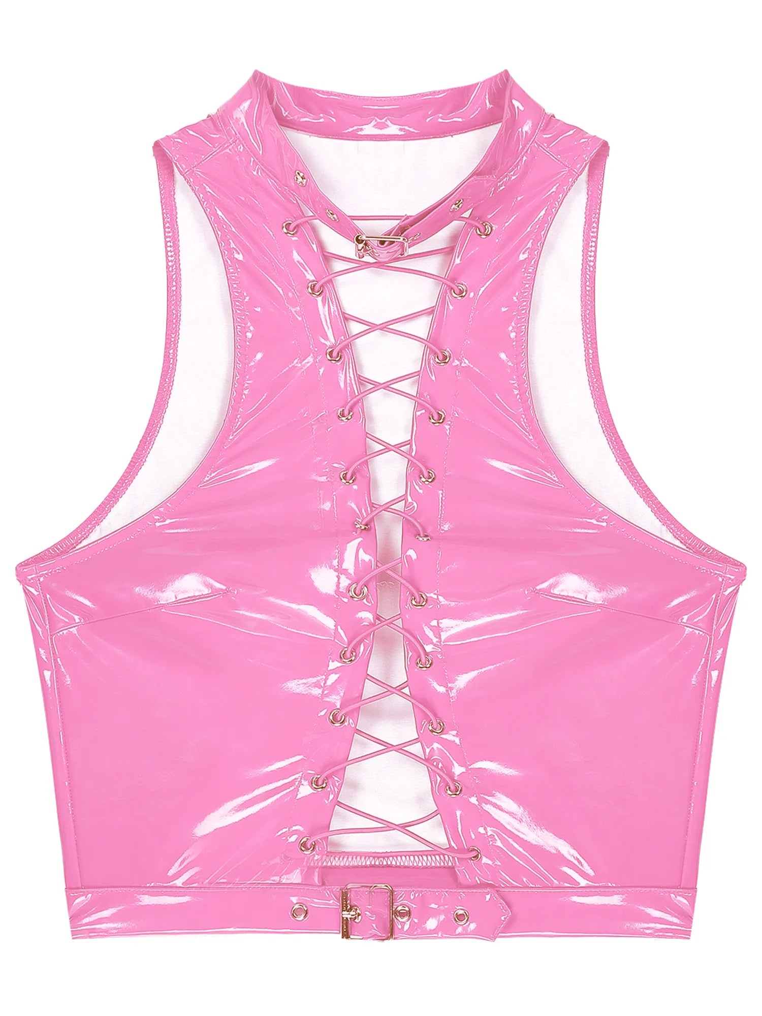 Women Leather Vest Gothic Steampunk Wet Look Hollow Out T-shirt Slim Bodycon Streetwear Sleeveless Crop Top Party Clubwear