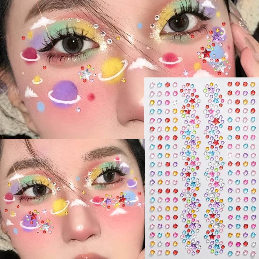 1pc 3D Colorful Star/Flower Face Diamond Sticker Bling Rhinestone Self-Adhesive Fake Tattoo for Party Stage Makeup Gems Stickers