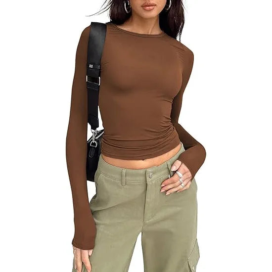 1pcs Four Seasons Fashion Senior Women T-shirt Long Sleeve Crew Neck Solid Slim Fit Tee Ladies Crop Top  Daily Streetwear Camis