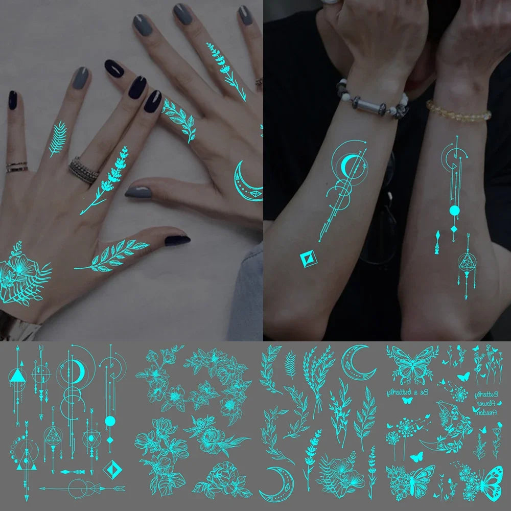 4pcs Blue Luminous Waterproof Temporary Tattoo Sticker Geometric Butterfly Flower Rose Moon Women Men Arm Body Art Fake Tattoos