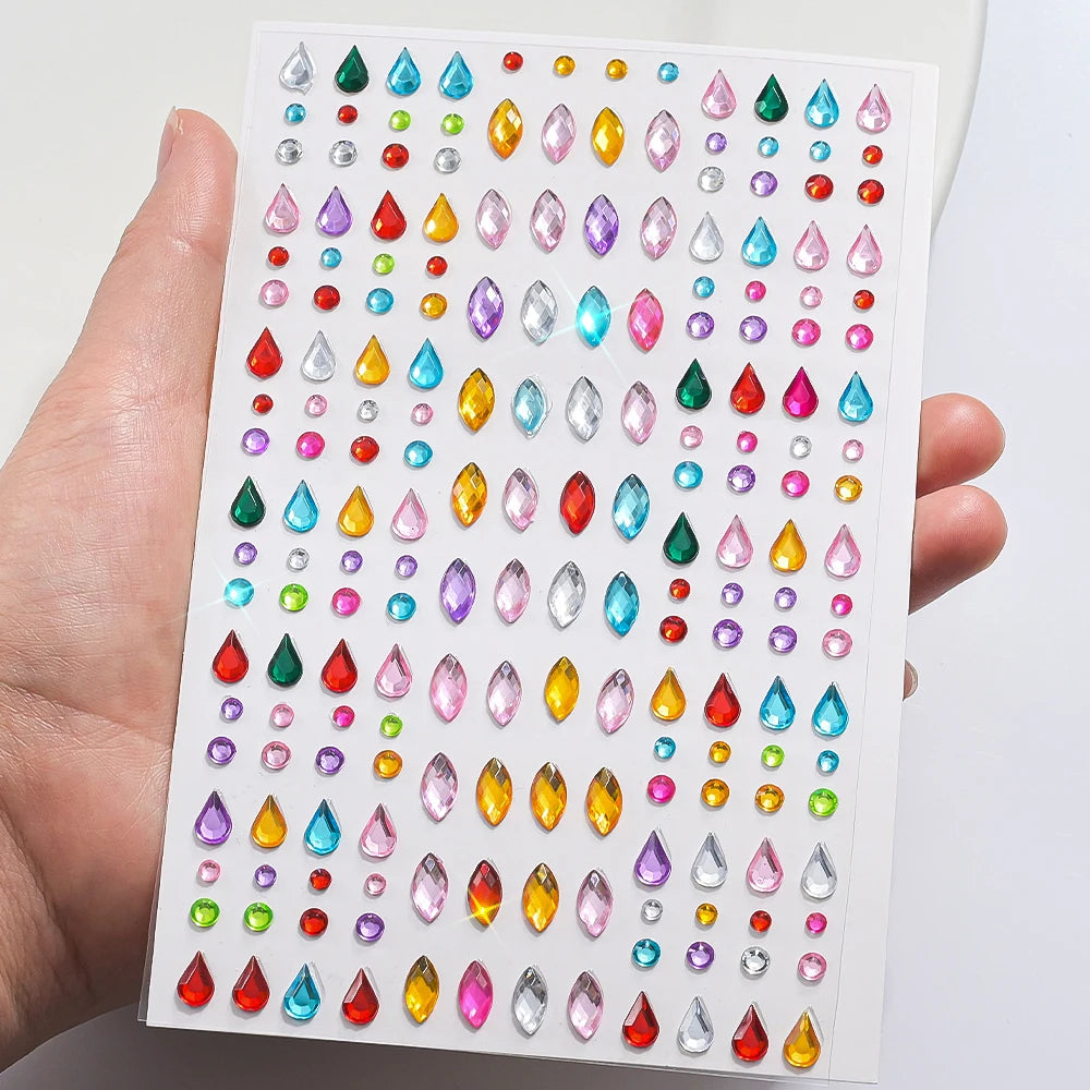 1pc 3D Colorful Star/Flower Face Diamond Sticker Bling Rhinestone Self-Adhesive Fake Tattoo for Party Stage Makeup Gems Stickers