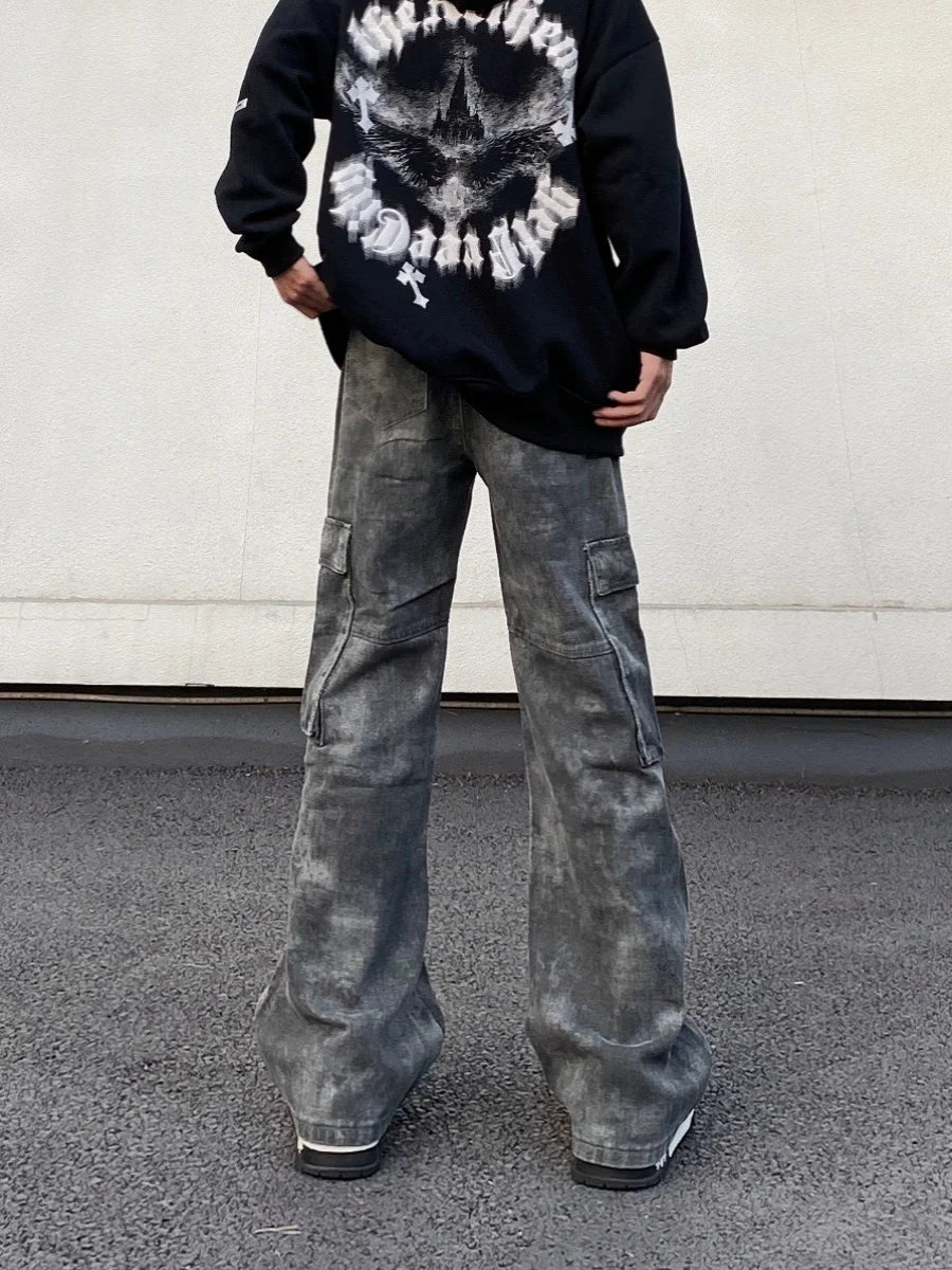 RORORIRI Men Rivets Denim Cargo Pants Women Camo Multi Pocket Retro American Low Wide Flare Jeans Vintage High Street Clothes