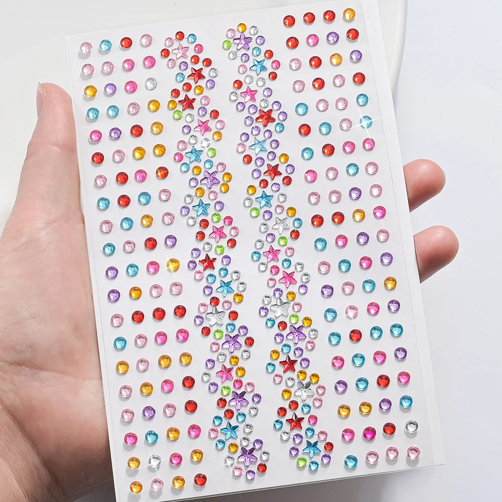 1pc 3D Colorful Star/Flower Face Diamond Sticker Bling Rhinestone Self-Adhesive Fake Tattoo for Party Stage Makeup Gems Stickers