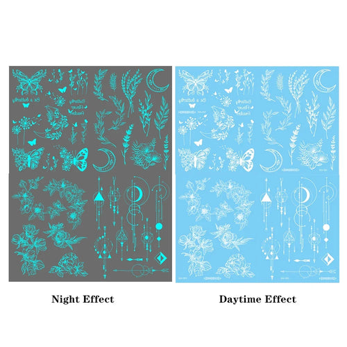 4pcs Blue Luminous Waterproof Temporary Tattoo Sticker Geometric Butterfly Flower Rose Moon Women Men Arm Body Art Fake Tattoos