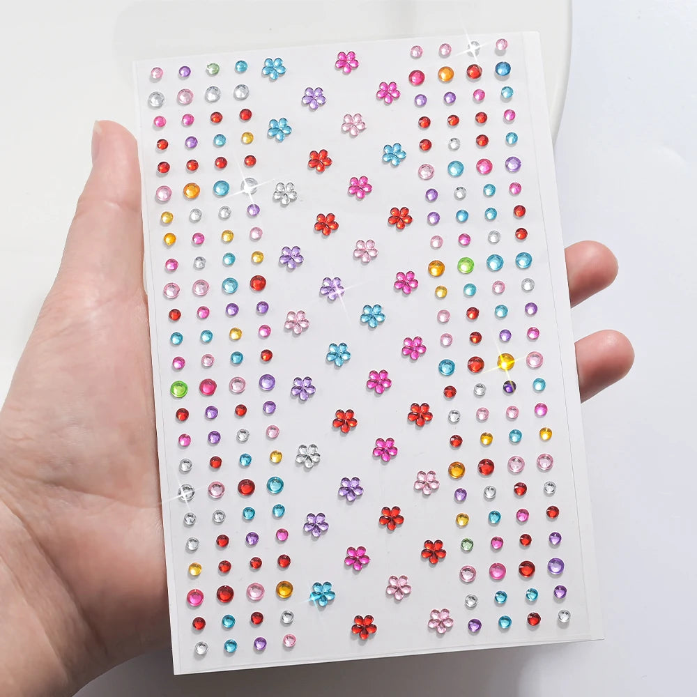 1pc 3D Colorful Star/Flower Face Diamond Sticker Bling Rhinestone Self-Adhesive Fake Tattoo for Party Stage Makeup Gems Stickers