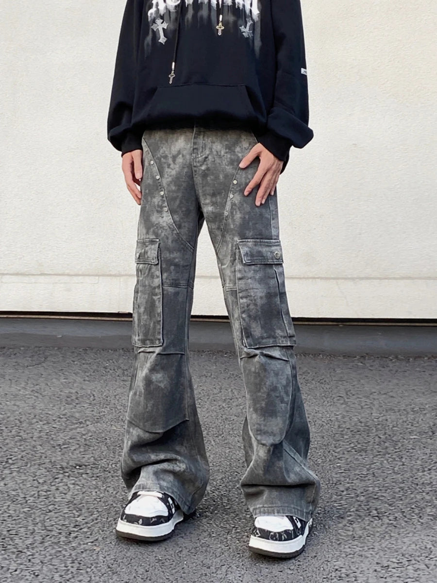RORORIRI Men Rivets Denim Cargo Pants Women Camo Multi Pocket Retro American Low Wide Flare Jeans Vintage High Street Clothes