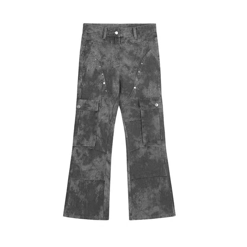 RORORIRI Men Rivets Denim Cargo Pants Women Camo Multi Pocket Retro American Low Wide Flare Jeans Vintage High Street Clothes